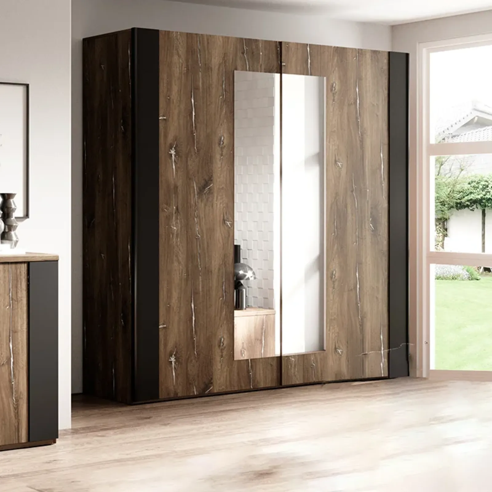 Garnero Arredamenti Armadio Ante A Specchio|Armadio Ante Scorrevoli-Armadio 200x213h cm 2 ante scorrevoli rovere scuro nero Vulcano Rovere Rustico