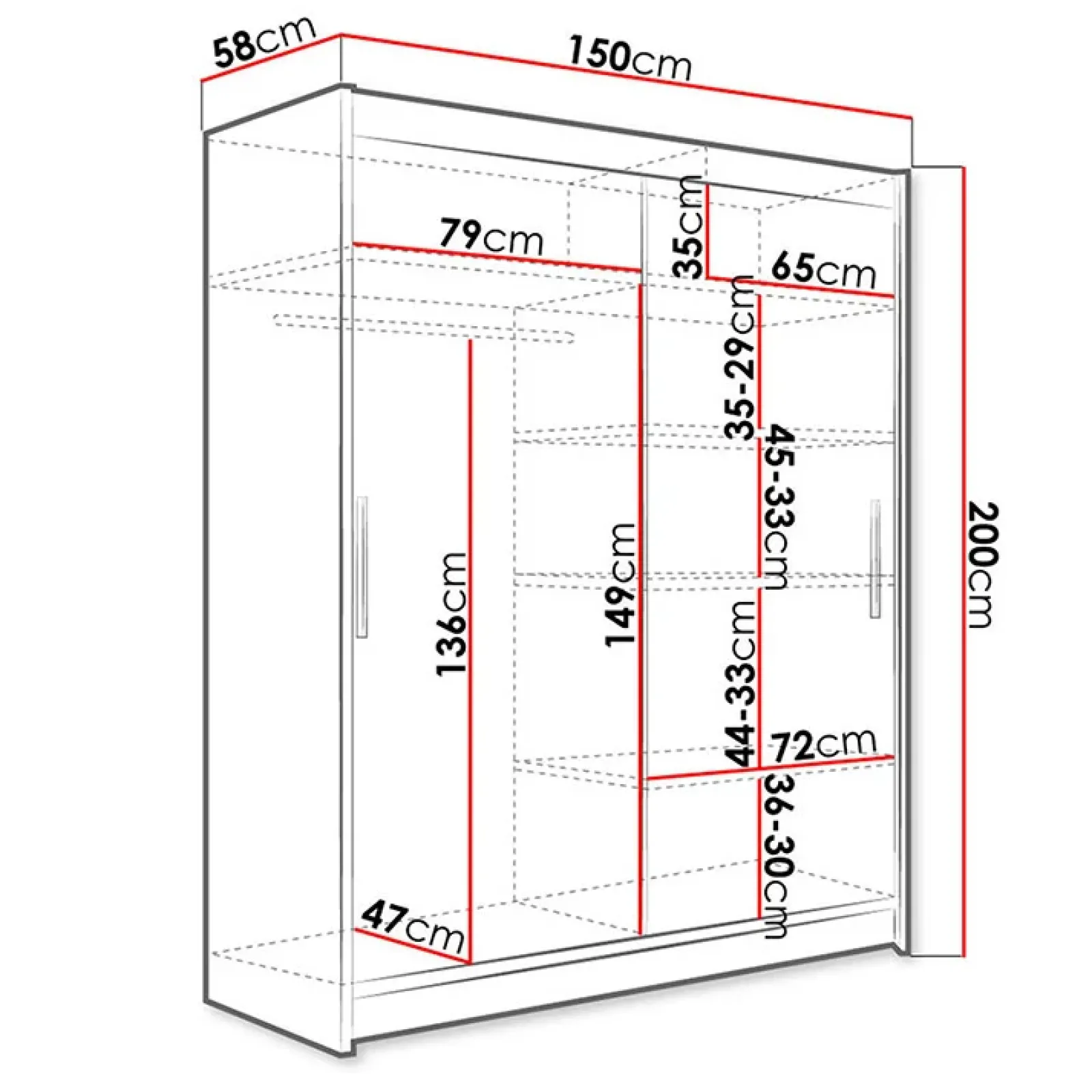 Garnero Arredamenti Armadio Ante Scorrevoli|Guardaroba-Armadio 150x200h cm 2 ante scorrevoli design bianco Vilma Bianco Opaco