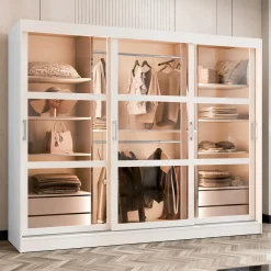 Garnero Arredamenti Armadio Ante Scorrevoli|Guardaroba-Armadio 250x203h cm 3 ante scorrevoli vetrate 4 cassetti con illuminazione a LED Nivora Bianco Opaco