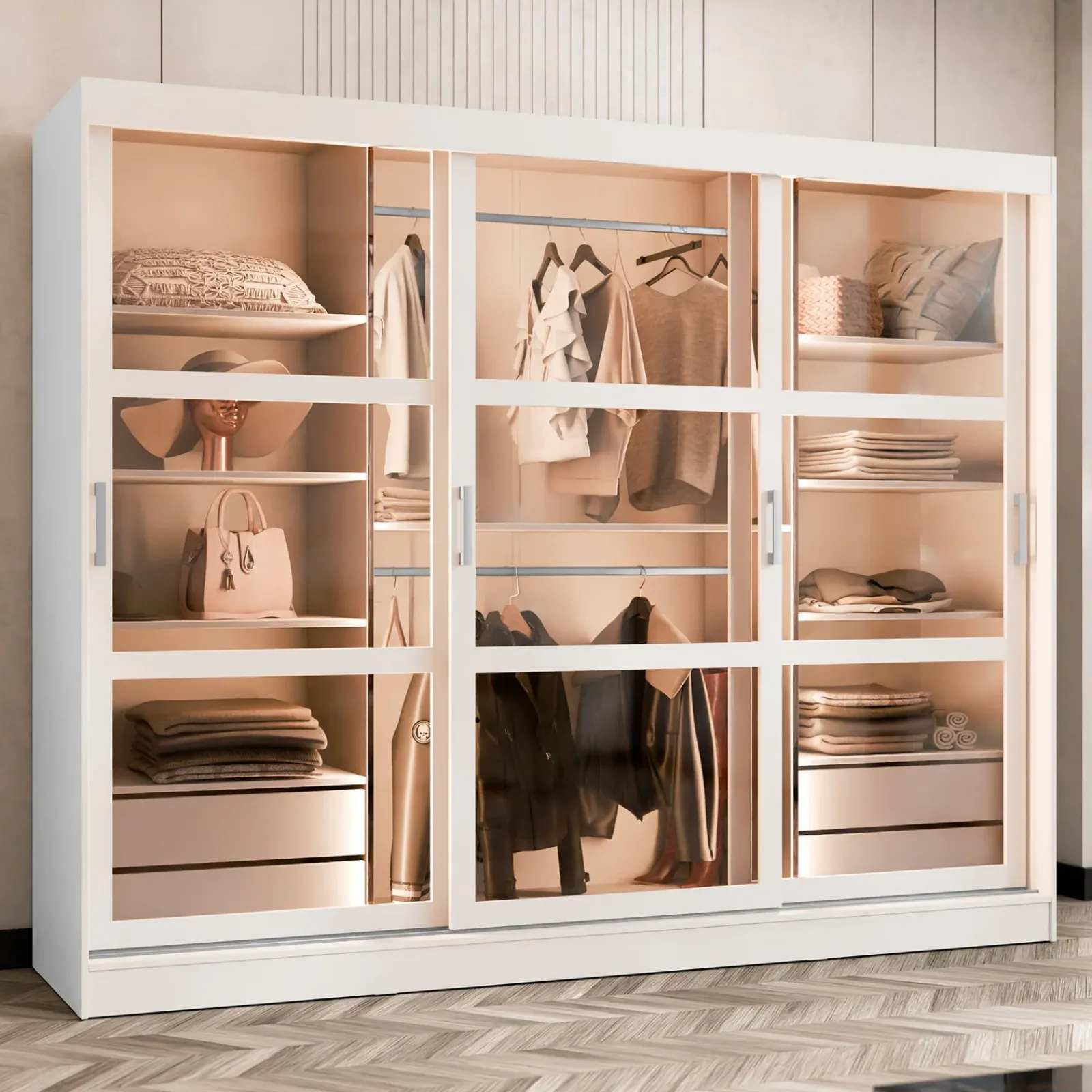 Garnero Arredamenti Armadio Ante Scorrevoli|Guardaroba-Armadio 250x203h cm 3 ante scorrevoli vetrate 4 cassetti con illuminazione a LED Nivora Bianco Opaco