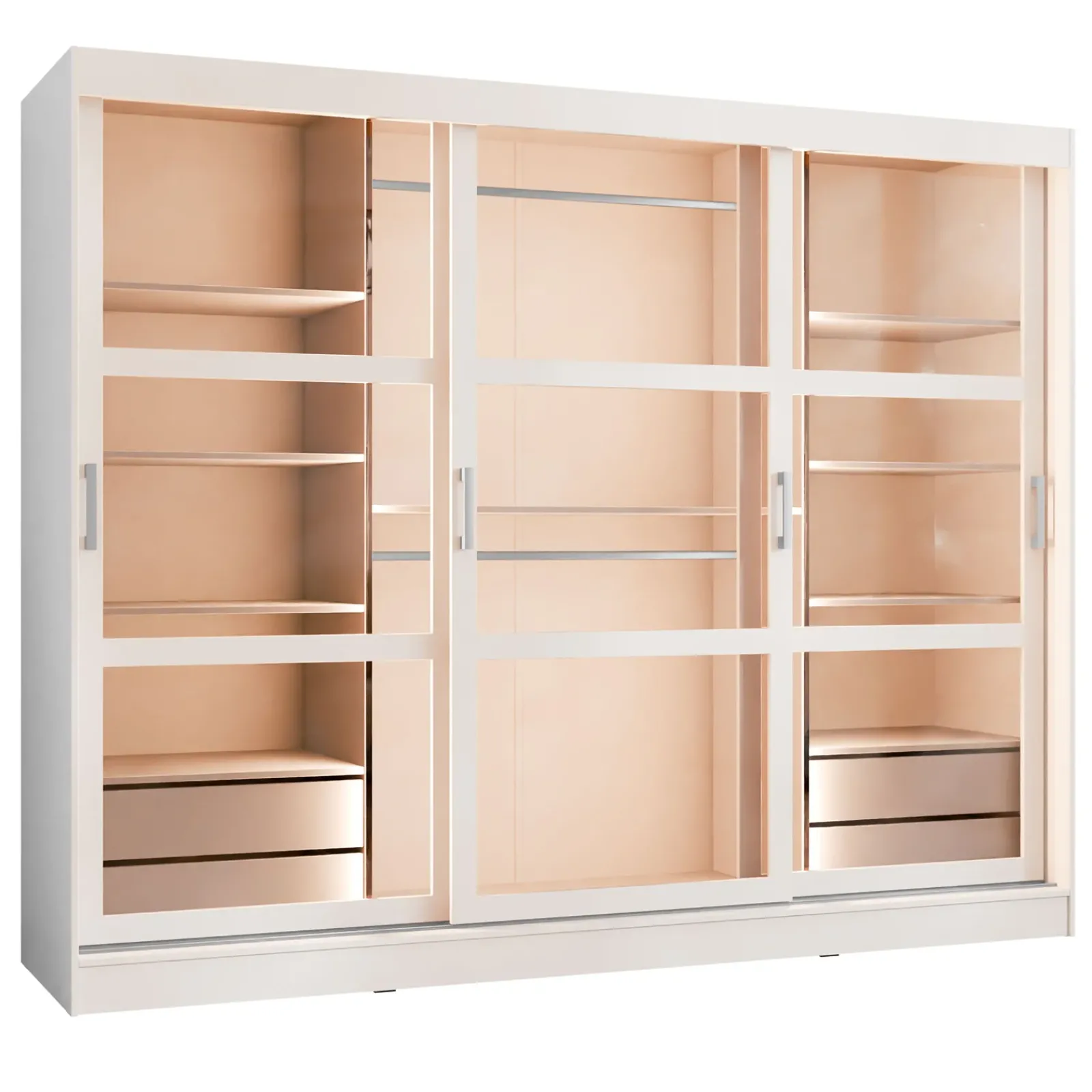 Garnero Arredamenti Armadio Ante Scorrevoli|Guardaroba-Armadio 250x203h cm 3 ante scorrevoli vetrate 4 cassetti con illuminazione a LED Nivora Bianco Opaco