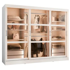 Garnero Arredamenti Armadio Ante Scorrevoli|Guardaroba-Armadio 250x203h cm 3 ante scorrevoli vetrate 4 cassetti con illuminazione a LED Nivora Bianco Opaco