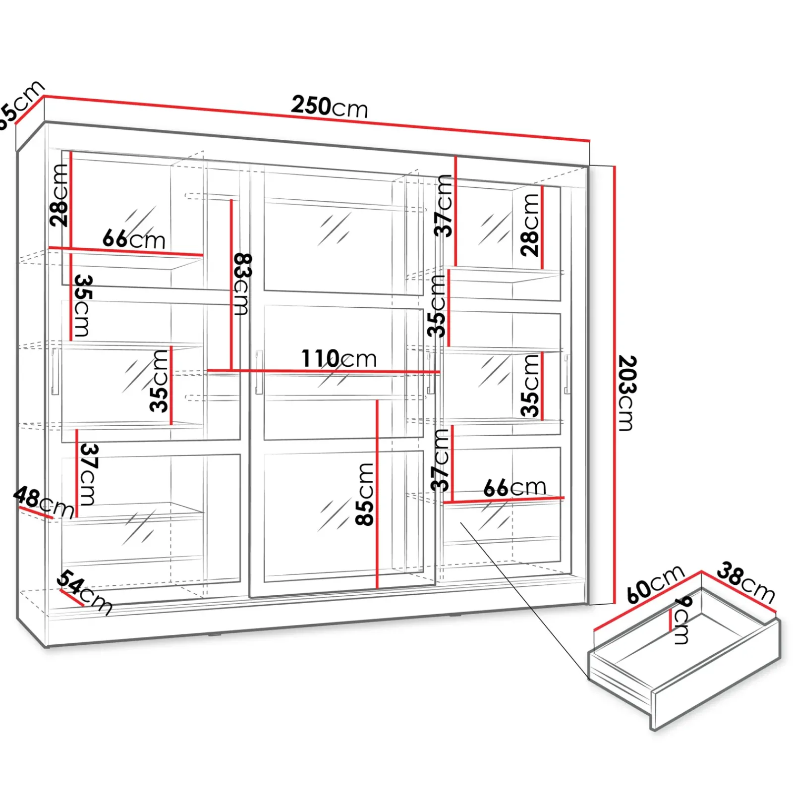 Garnero Arredamenti Armadio Ante Scorrevoli|Guardaroba-Armadio 250x203h cm 3 ante scorrevoli vetrate 4 cassetti con illuminazione a LED Nivora Bianco Opaco