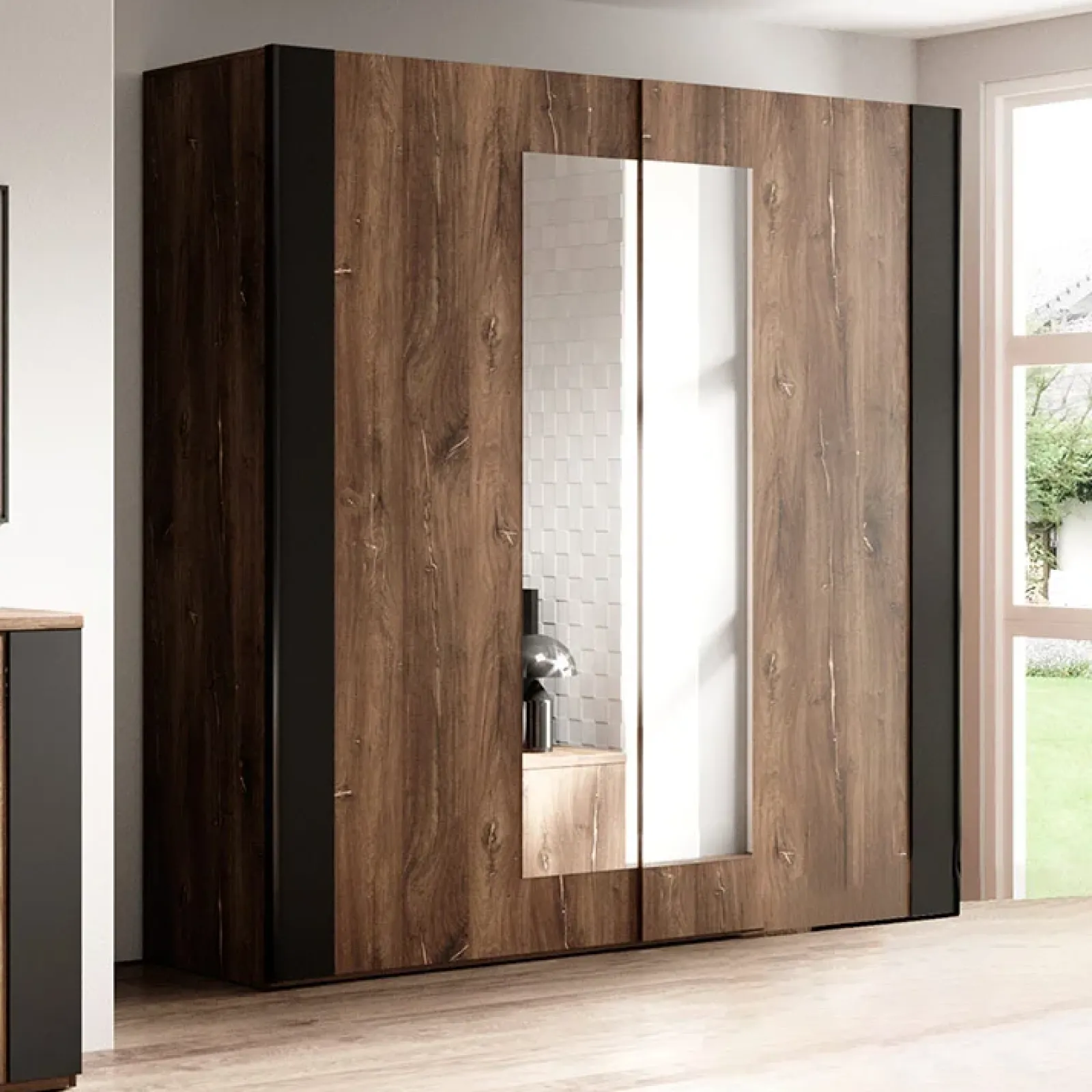 Garnero Arredamenti Armadio Ante A Specchio|Armadio Ante Scorrevoli-Armadio 200x213h cm 2 ante scorrevoli quercia scuro nero Vulcano Noce