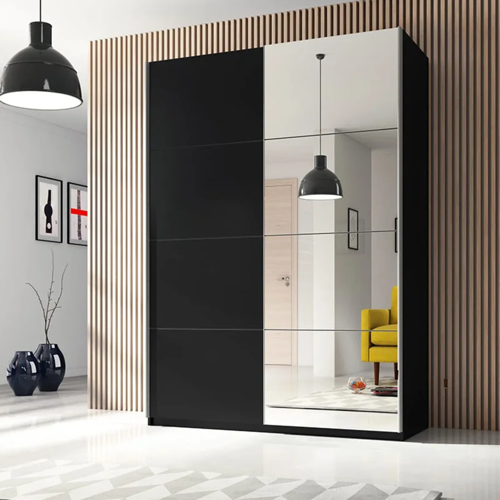 Garnero Arredamenti Armadio Ante A Specchio|Armadio Ante Scorrevoli-Armadio 120x210h cm 2 ante scorrevoli con specchio nero Pascal Gihome® Nero Opaco