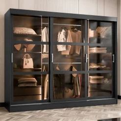 Garnero Arredamenti Armadio Ante Scorrevoli|Guardaroba-Armadio 250x203h cm 3 ante scorrevoli vetrate 4 cassetti con illuminazione a LED Nivora Nero Opaco