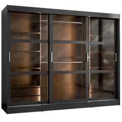 Garnero Arredamenti Armadio Ante Scorrevoli|Guardaroba-Armadio 250x203h cm 3 ante scorrevoli vetrate 4 cassetti con illuminazione a LED Nivora Nero Opaco