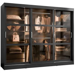 Garnero Arredamenti Armadio Ante Scorrevoli|Guardaroba-Armadio 250x203h cm 3 ante scorrevoli vetrate 4 cassetti con illuminazione a LED Nivora Nero Opaco