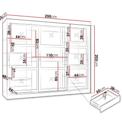Garnero Arredamenti Armadio Ante Scorrevoli|Guardaroba-Armadio 250x203h cm 3 ante scorrevoli vetrate 4 cassetti con illuminazione a LED Nivora Nero Opaco
