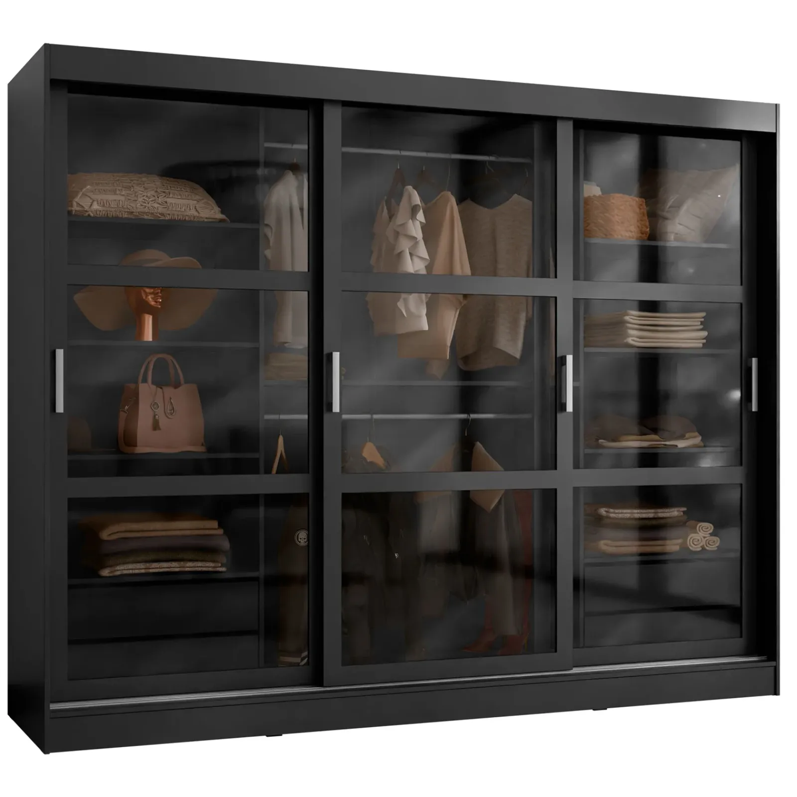 Garnero Arredamenti Armadio Ante Scorrevoli|Guardaroba-Armadio 250x203h cm 3 ante scorrevoli vetrate 4 cassetti Nivora Nero Opaco