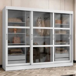 Garnero Arredamenti Armadio Ante Scorrevoli|Guardaroba-Armadio 250x203h cm 3 ante scorrevoli vetrate 4 cassetti Nivora Bianco Opaco