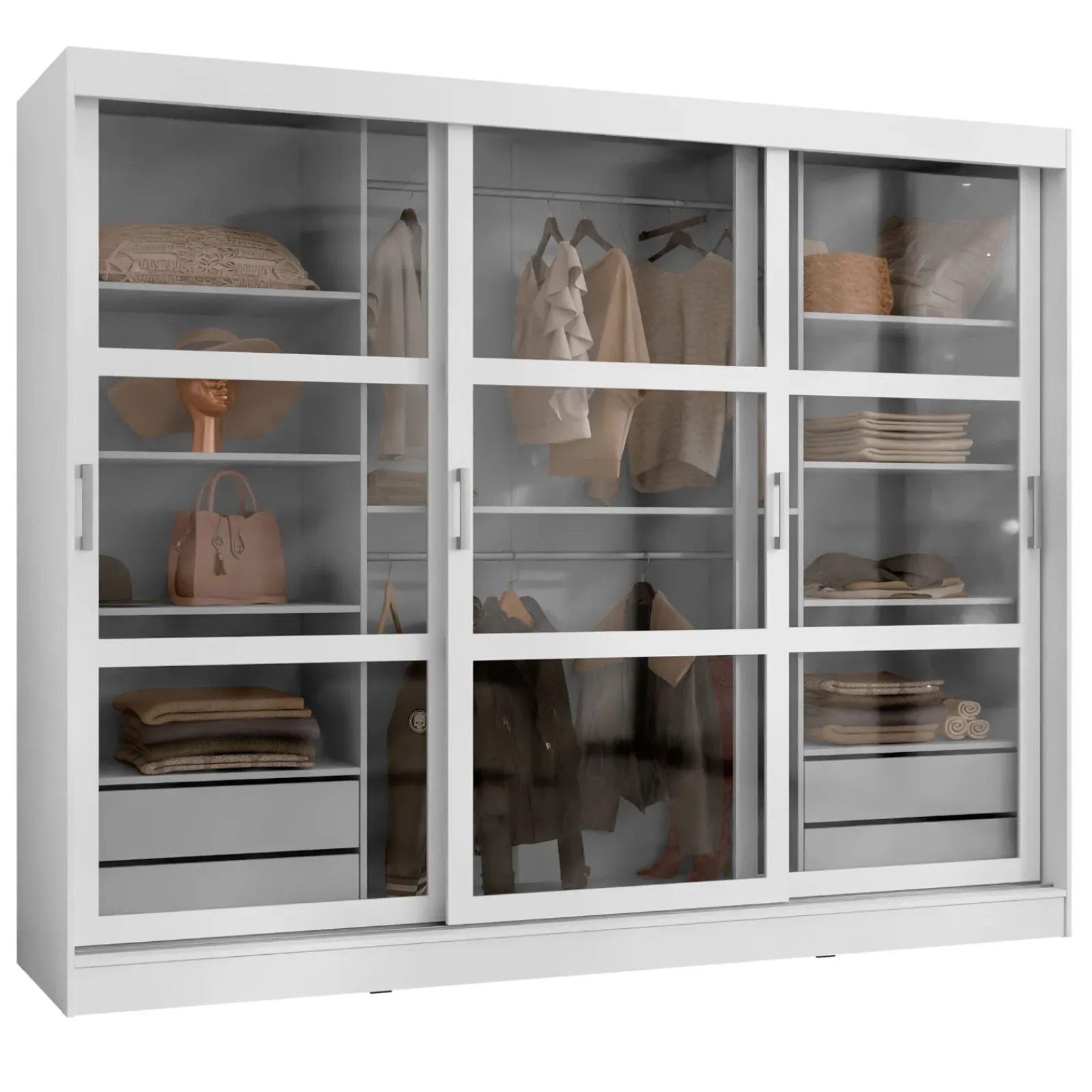 Garnero Arredamenti Armadio Ante Scorrevoli|Guardaroba-Armadio 250x203h cm 3 ante scorrevoli vetrate 4 cassetti Nivora Bianco Opaco