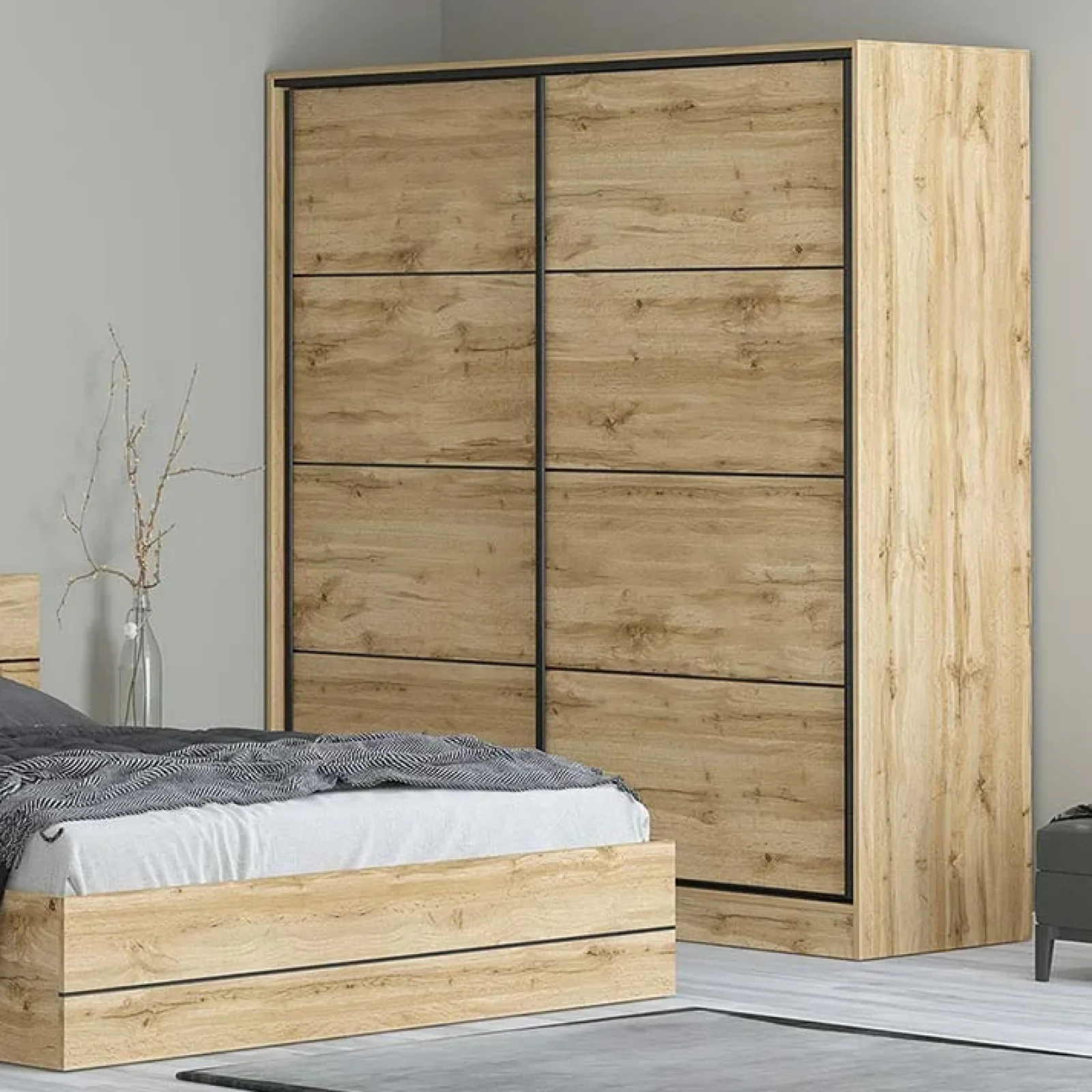 Garnero Arredamenti Armadio Ante Scorrevoli|Guardaroba-Armadio 180x200h cm 2 ante scorrevoli moderno quercia Tamika