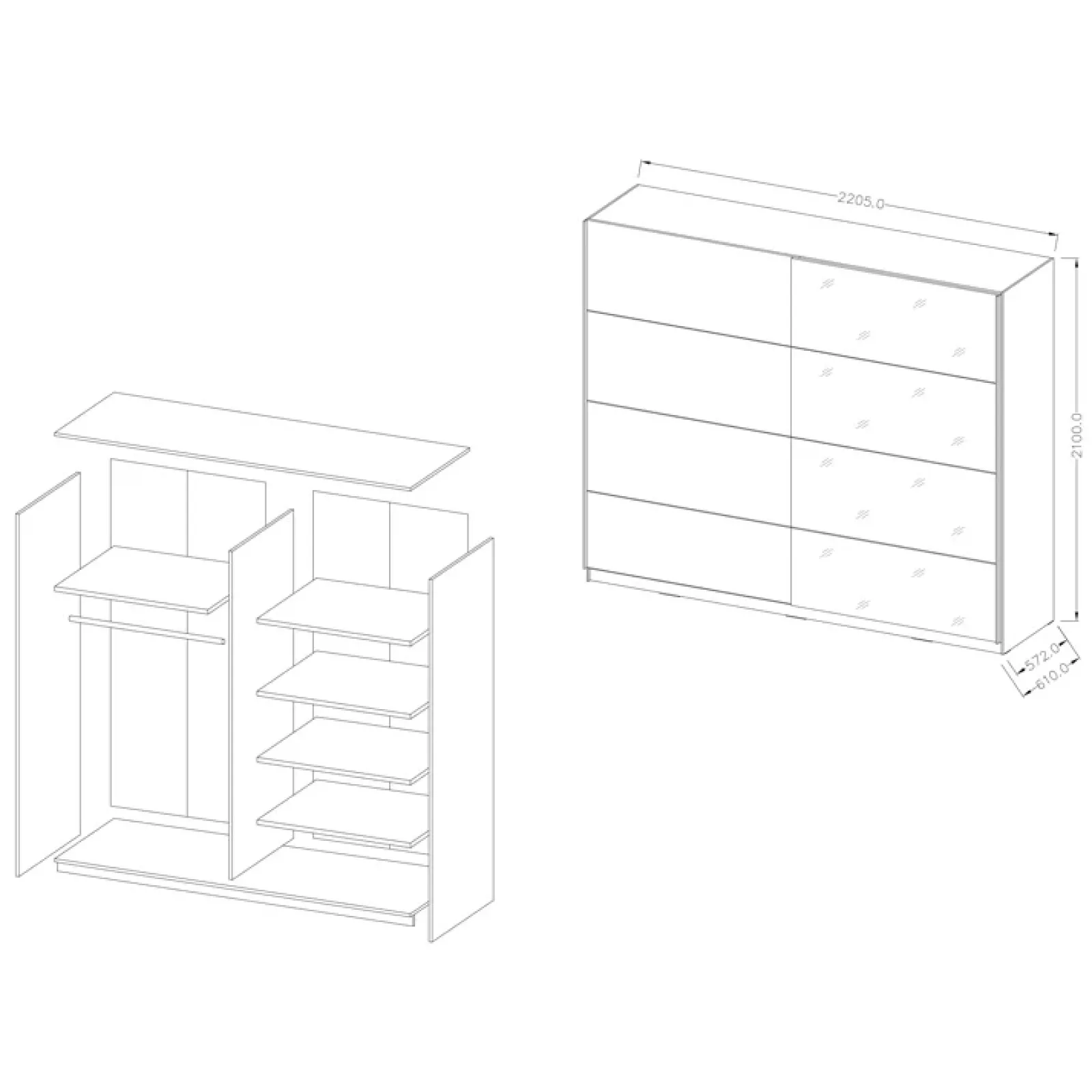 Garnero Arredamenti Armadio Ante A Specchio|Armadio Ante Scorrevoli-Armadio 221x210h cm 2 ante scorrevoli Pascal Gihome® Nero Opaco