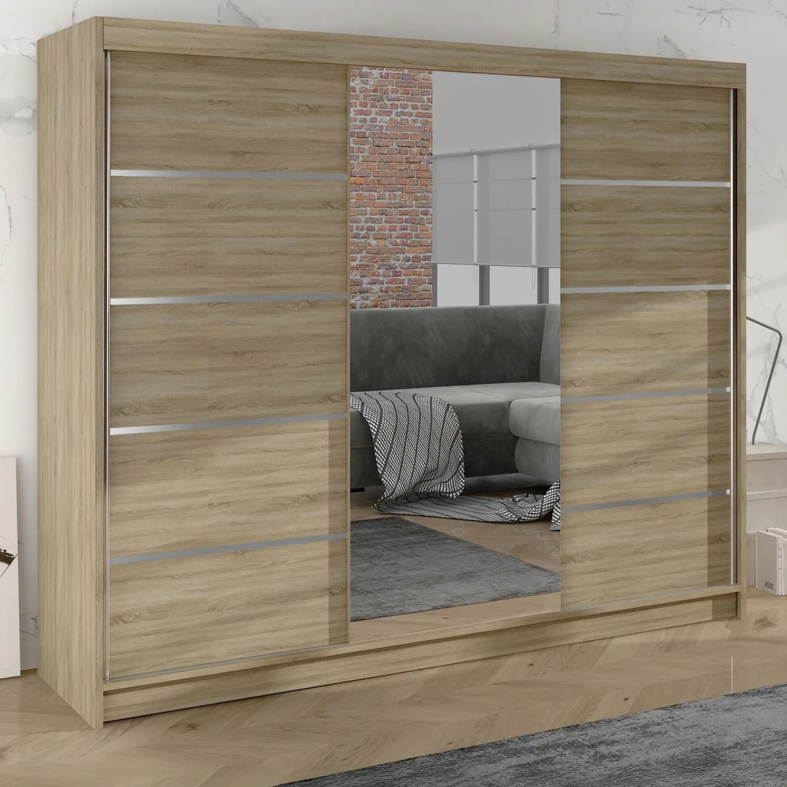 Garnero Arredamenti Armadio Ante Scorrevoli-Armadio 200x215h cm 2 ante scorrevoli con specchio Silven Rovere sonoma