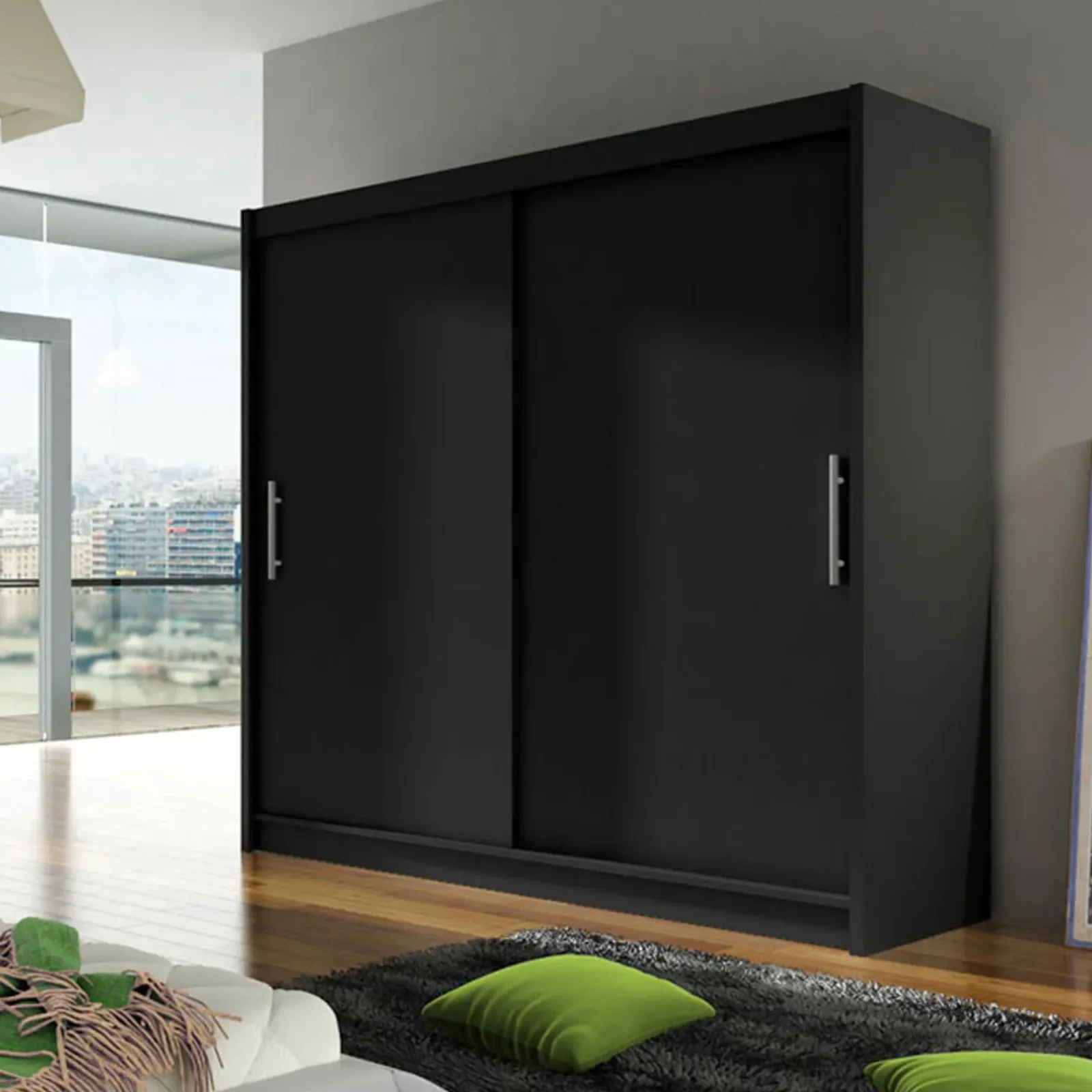 Garnero Arredamenti Armadio Ante Scorrevoli|Guardaroba-Armadio 180x215h cm 2 ante scorrevoli design moderno nero Aisha Nero Opaco