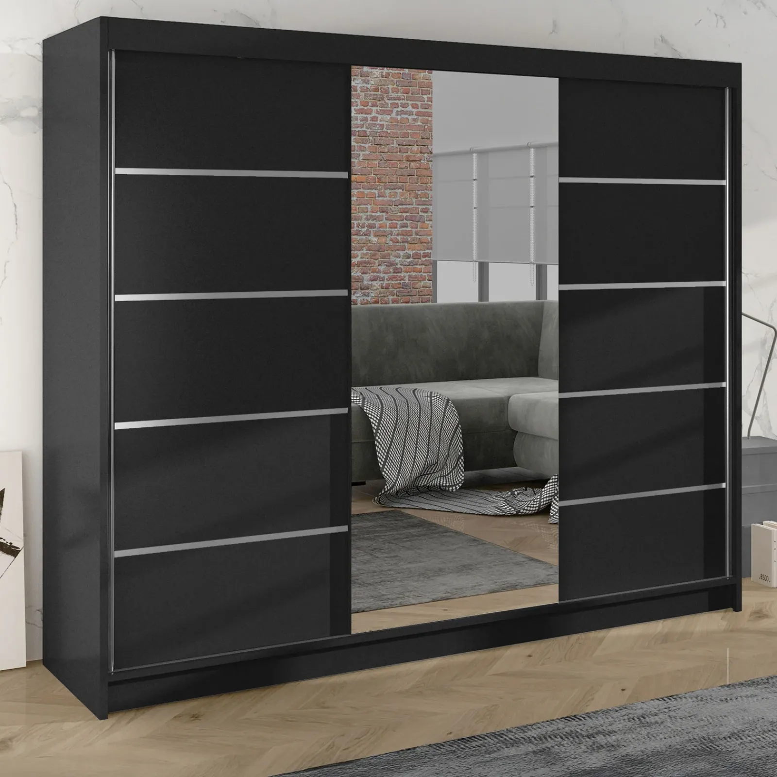Garnero Arredamenti Armadio Ante Scorrevoli-Armadio 200x215h cm 2 ante scorrevoli con specchio Silven Nero Opaco