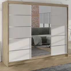 Garnero Arredamenti Armadio Ante Scorrevoli-Armadio 200x215h cm 2 ante scorrevoli con specchio rovere sonoma bianco opaco Silven Rovere sonoma - Bianco opaco