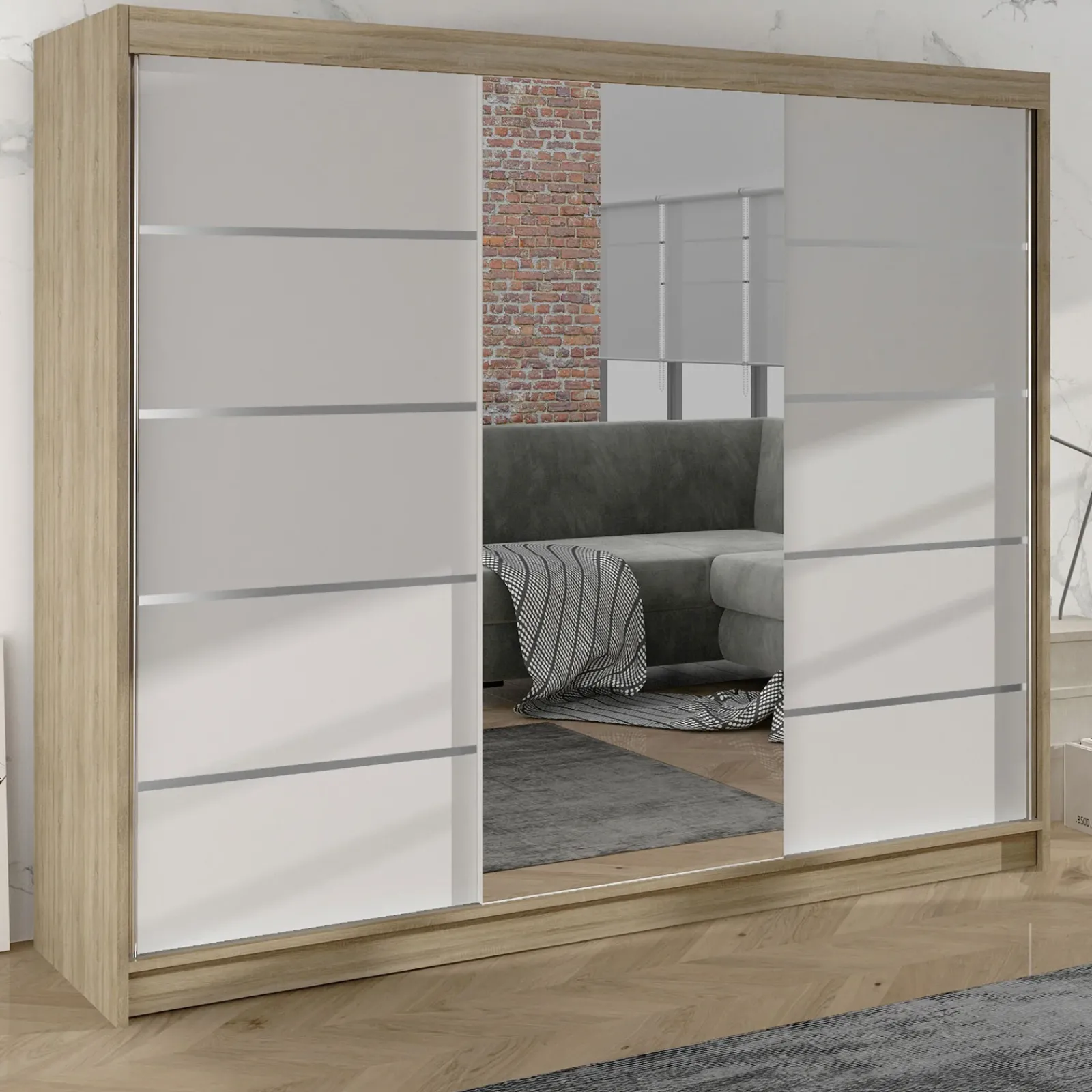 Garnero Arredamenti Armadio Ante Scorrevoli-Armadio 200x215h cm 2 ante scorrevoli con specchio rovere sonoma bianco opaco Silven Rovere sonoma - Bianco opaco