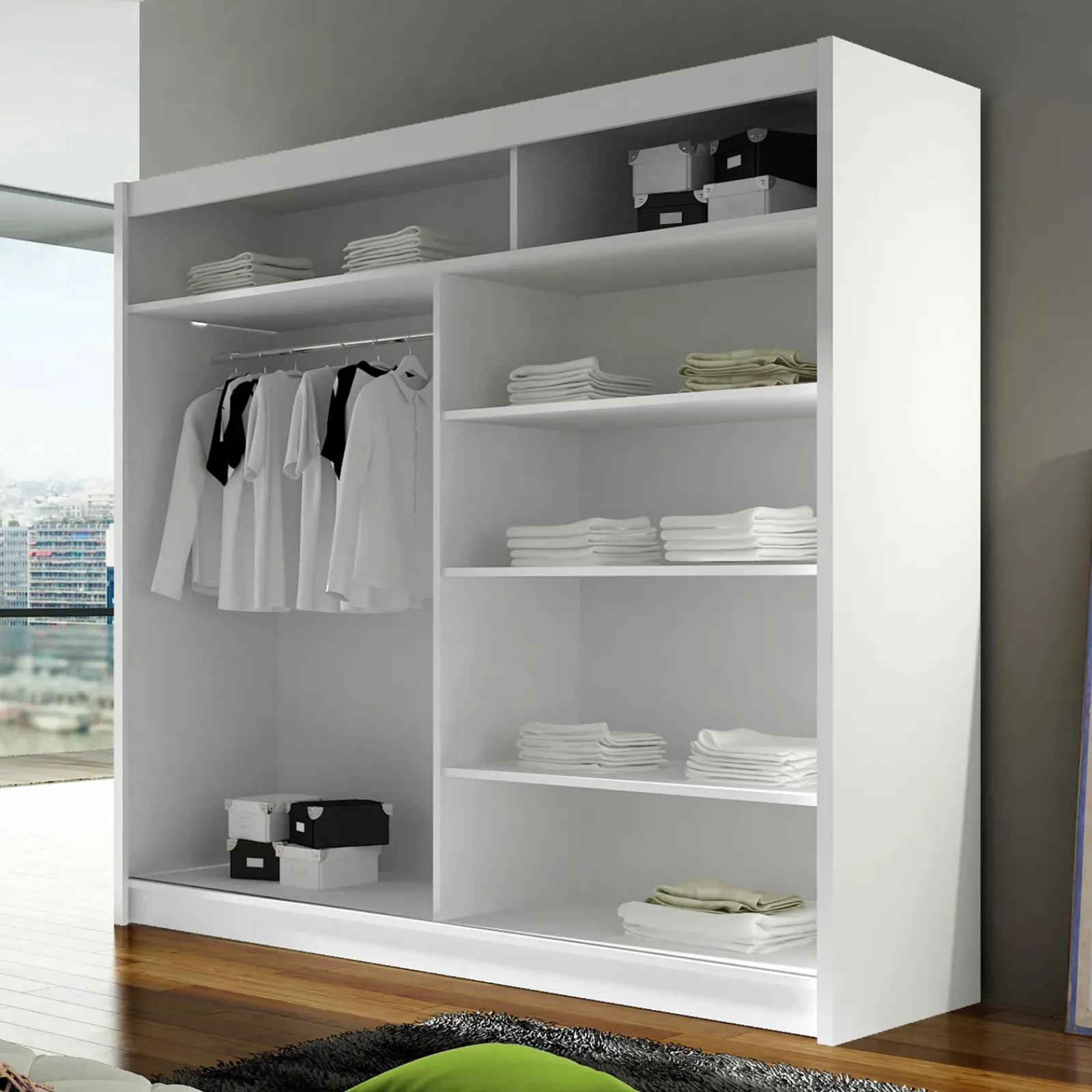 Garnero Arredamenti Armadio Ante Scorrevoli-Armadio 180x215h cm 2 ante scorrevoli con specchio centrale bianco opaco Karl