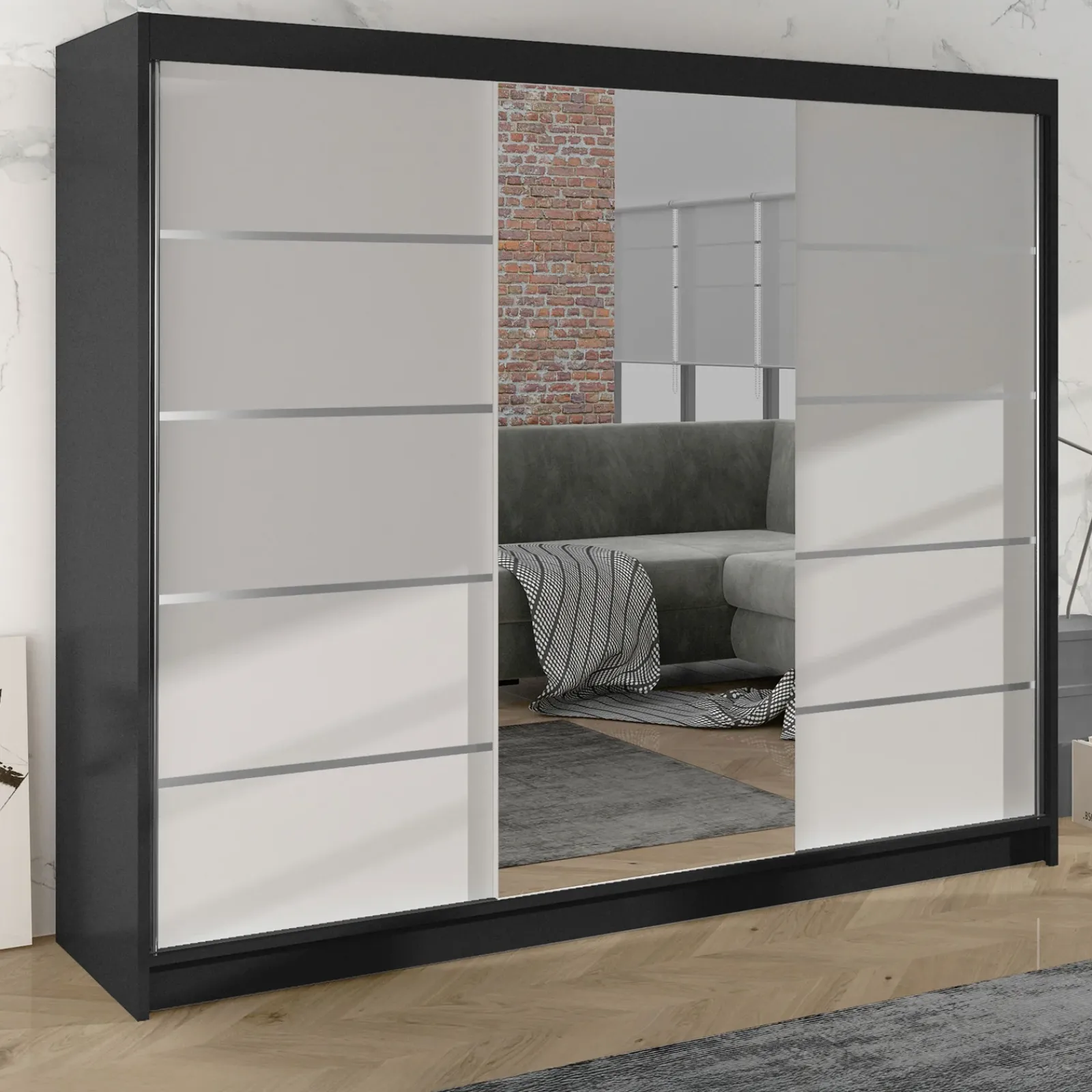 Garnero Arredamenti Armadio Ante Scorrevoli-Armadio 200x215h cm 2 ante scorrevoli con specchio nero bianco opaco Silven Nero Opaco - Bianco opaco