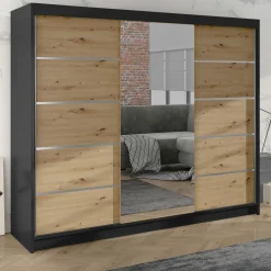 Garnero Arredamenti Armadio Ante Scorrevoli-Armadio 200x215h cm 2 ante scorrevoli con specchio rovere nero opaco Silven Rovere - Nero opaco
