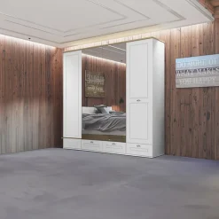 Garnero Arredamenti Armadio Ante A Specchio|Armadio Ante Battenti-Armadio 203x205h cm 4 ante specchi 4 cassetti bianco opaco Loira