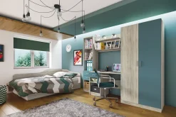 Garnero Arredamenti Armadio Cameretta-Armadio 220x180h cm cameretta con scrivania e libreria rovere blu petrolio Alex Gihome® Blu Petrolio - Rovere