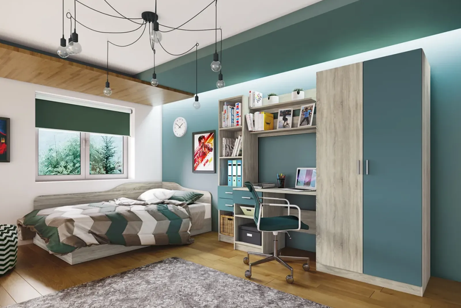 Garnero Arredamenti Armadio Cameretta-Armadio 220x180h cm cameretta con scrivania e libreria rovere blu petrolio Alex Gihome® Blu Petrolio - Rovere