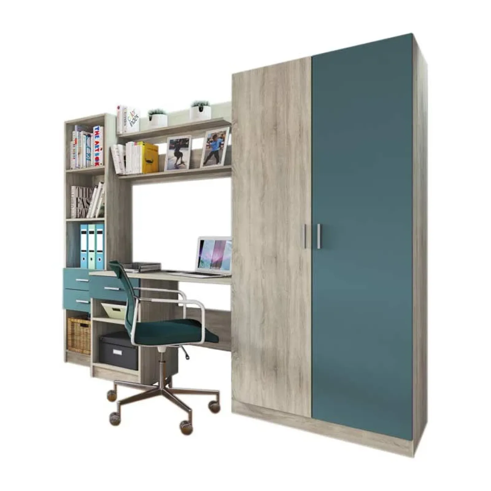 Garnero Arredamenti Armadio Cameretta-Armadio 220x180h cm cameretta con scrivania e libreria rovere blu petrolio Alex Gihome® Blu Petrolio - Rovere