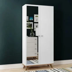 Garnero Arredamenti Armadi E Madie Ingresso|Armadi Soggiorno-Armadio 90x190h cm soggiorno 2 ante con specchio bianco rovere Clea