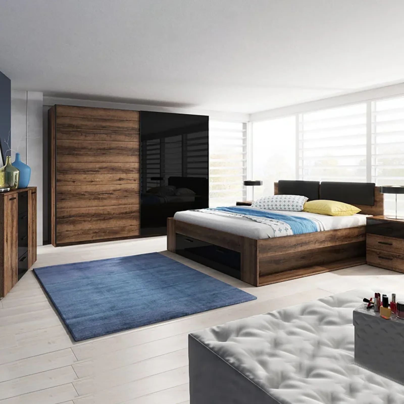 Garnero Arredamenti Camere Da Letto Complete|Camera Da Letto Completa-Camera completa con letto matrimoniale 160x200cm rovere scuro nero lucido Cortina Gihome® Nero Lucido - Wengè