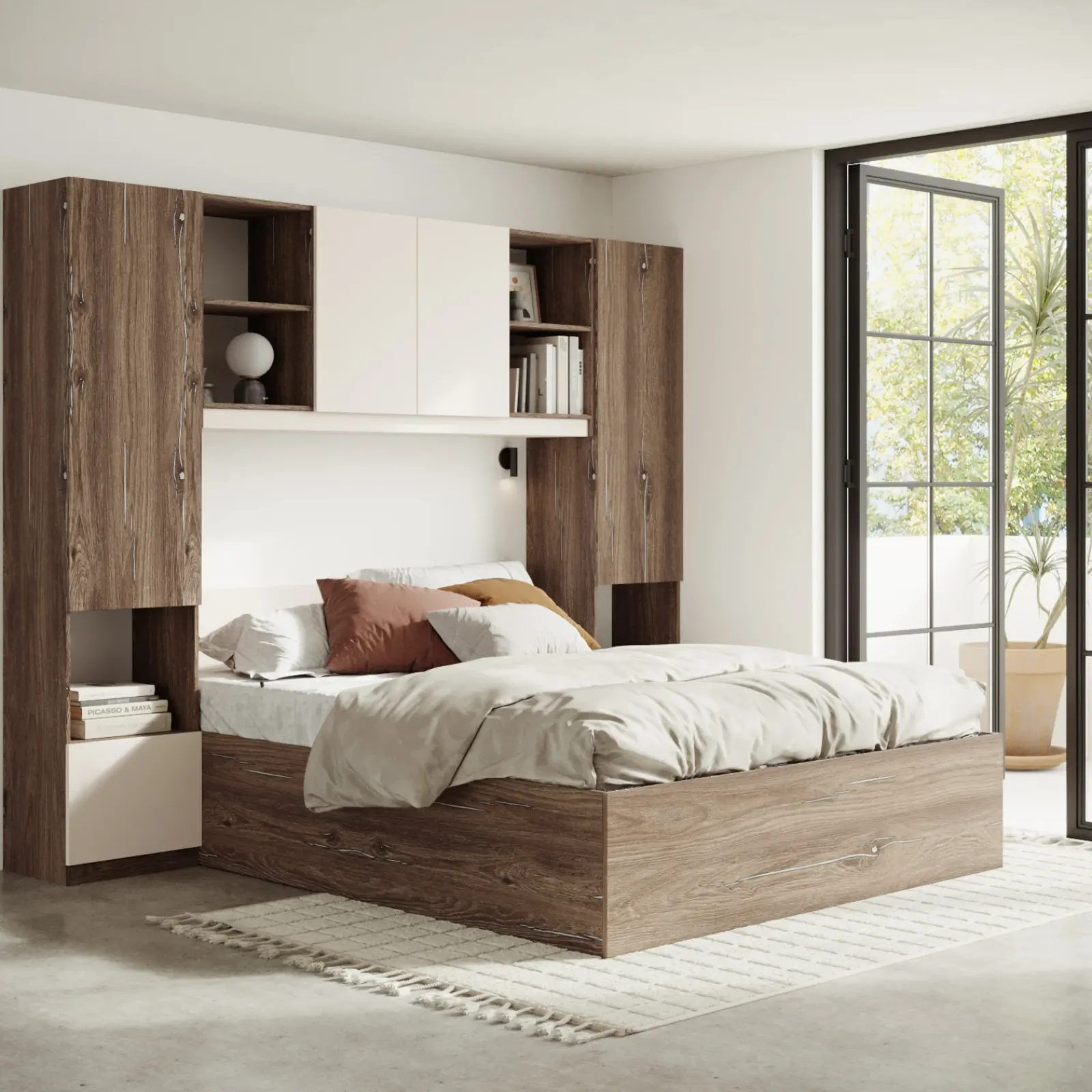 Garnero Arredamenti Camere Da Letto Complete|Camera Da Letto Completa-Camera da letto a ponte completa matrimoniale panna quercia Lullaby Beige - Noce