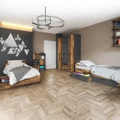Garnero Arredamenti Camerette In Legno-Camera da letto completa 2 letti singoli grafite rovere rustico Fada