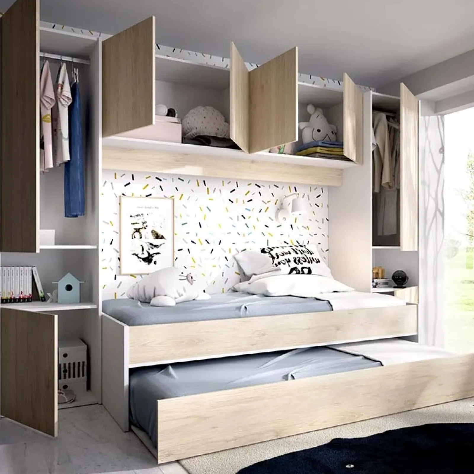 Garnero Arredamenti Camerette In Legno|Camerette A Ponte-Cameretta bambini completa a ponte 2 letti rovere bianco Clinton