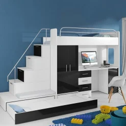 Garnero Arredamenti Camerette Colorate|Camerette A Ponte-Cameretta bambini completa 2 letti singoli bianco nero Diego Gihome® Bianco Lucido - Nero Lucido