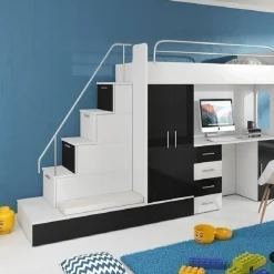 Garnero Arredamenti Camerette Colorate|Camerette A Ponte-Cameretta bambini completa 2 letti singoli bianco nero Diego Gihome® Bianco Lucido - Nero Lucido