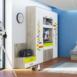 Garnero Arredamenti Camerette Colorate-Cameretta bambini completa 2 letti contenitore rovere bianco opaco verde Noemi