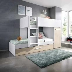 Garnero Arredamenti Camerette In Legno|Camerette A Ponte-Cameretta bambini 244x150cm 3 letti soppalco reversibile rovere bianco Damian Bianco Opaco - Rovere