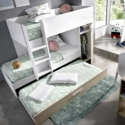 Garnero Arredamenti Camerette In Legno|Camerette A Ponte-Cameretta bambini 244x150cm 3 letti soppalco reversibile rovere bianco Damian Bianco Opaco - Rovere