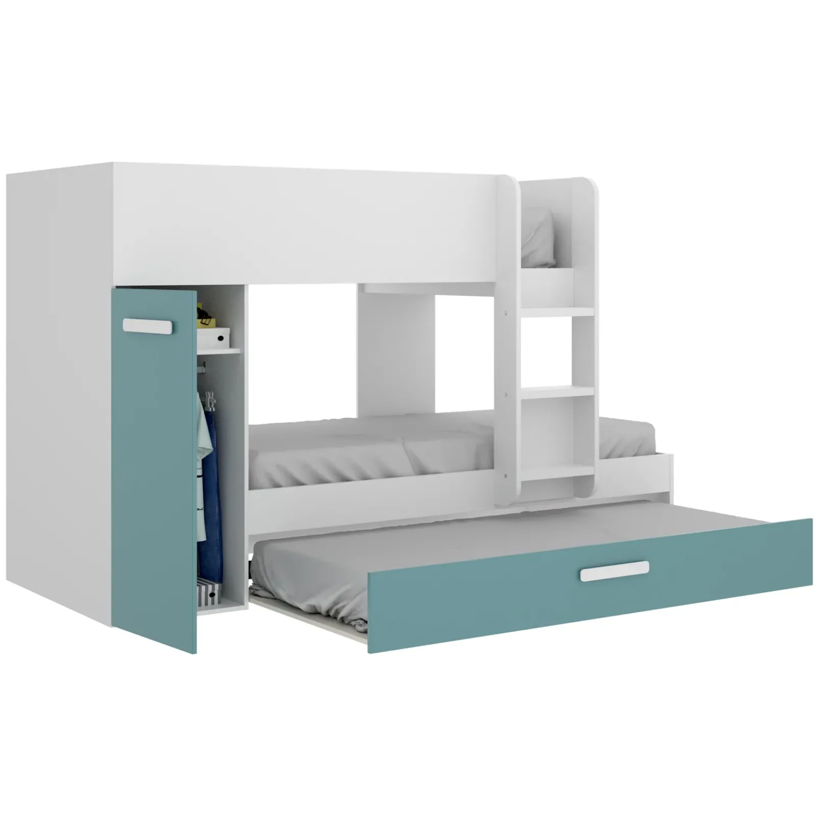 Garnero Arredamenti Camerette A Ponte-Cameretta bambini 244x150cm 3 letti soppalco reversibile bianco turchese Damian Bianco Opaco - Azzurro