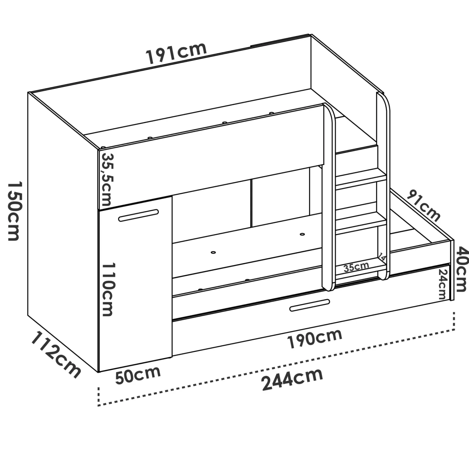 Garnero Arredamenti Camerette A Ponte-Cameretta bambini 244x150cm 3 letti soppalco reversibile bianco turchese Damian Bianco Opaco - Azzurro
