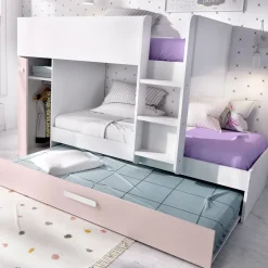 Garnero Arredamenti Camerette A Ponte-Cameretta bambini 244x150cm 3 letti soppalco reversibile bianco rosa Damian Bianco Opaco - Rosa