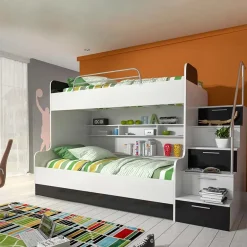 Garnero Arredamenti Camerette Colorate|Camerette A Ponte-Cameretta con soppalco 2 letti singoli bianca nera Enrico Gihome® Bianco Lucido - Nero Lucido