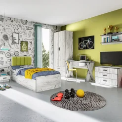 Garnero Arredamenti Camerette Colorate-Cameretta per bambini 1 letto singolo contenitore bianco rustico verde Zadar Bianco Frassinato - Verde
