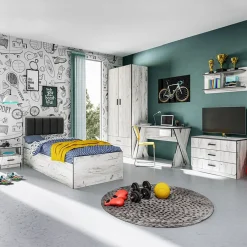 Garnero Arredamenti Camerette Colorate-Cameretta per bambini 1 letto singolo contenitore bianco rustico grigio Zadar Bianco Frassinato - Grigio