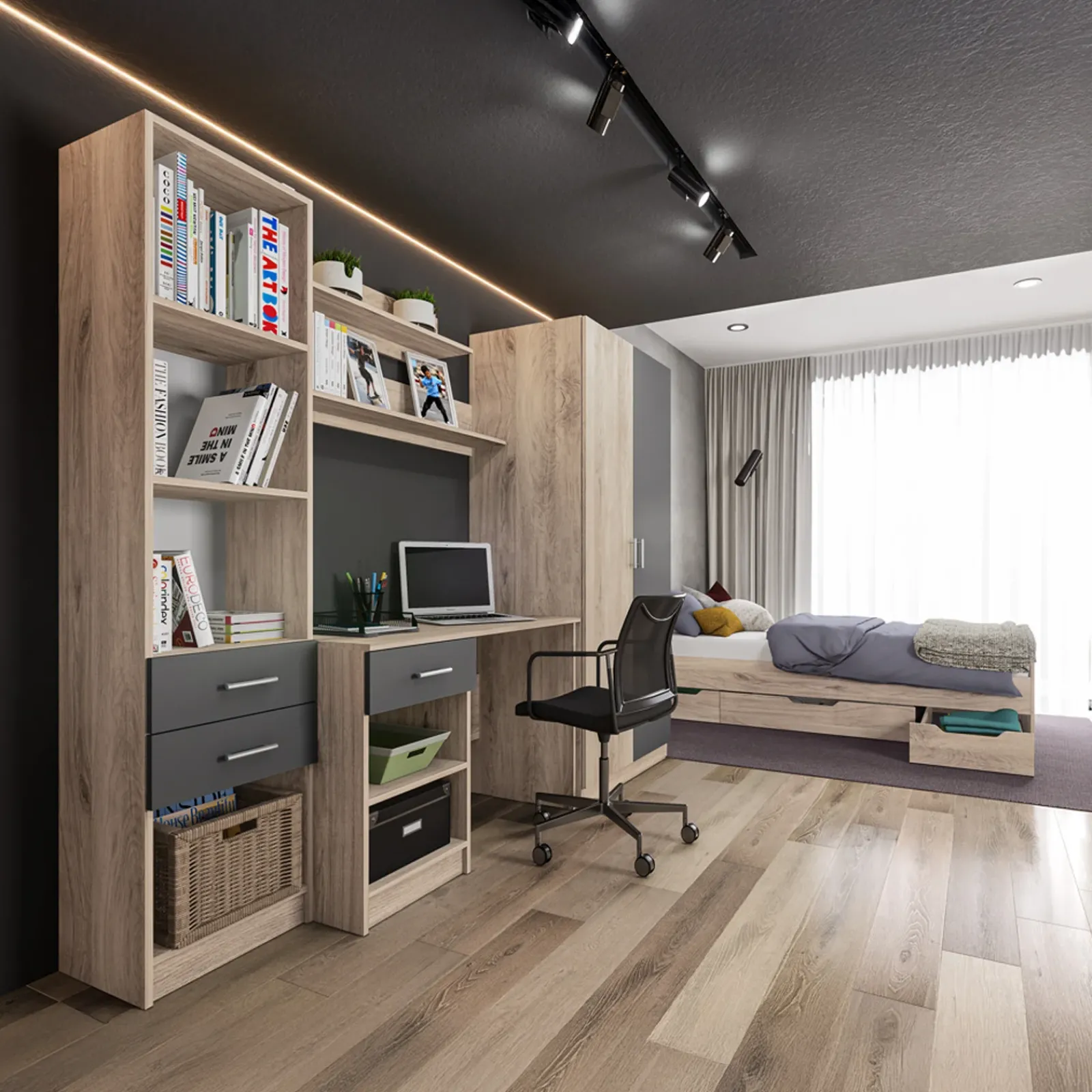 Garnero Arredamenti Camerette Colorate|Camerette In Legno-Cameretta per bambini completa 1 letto con cassettoni rovere grigio Kabala