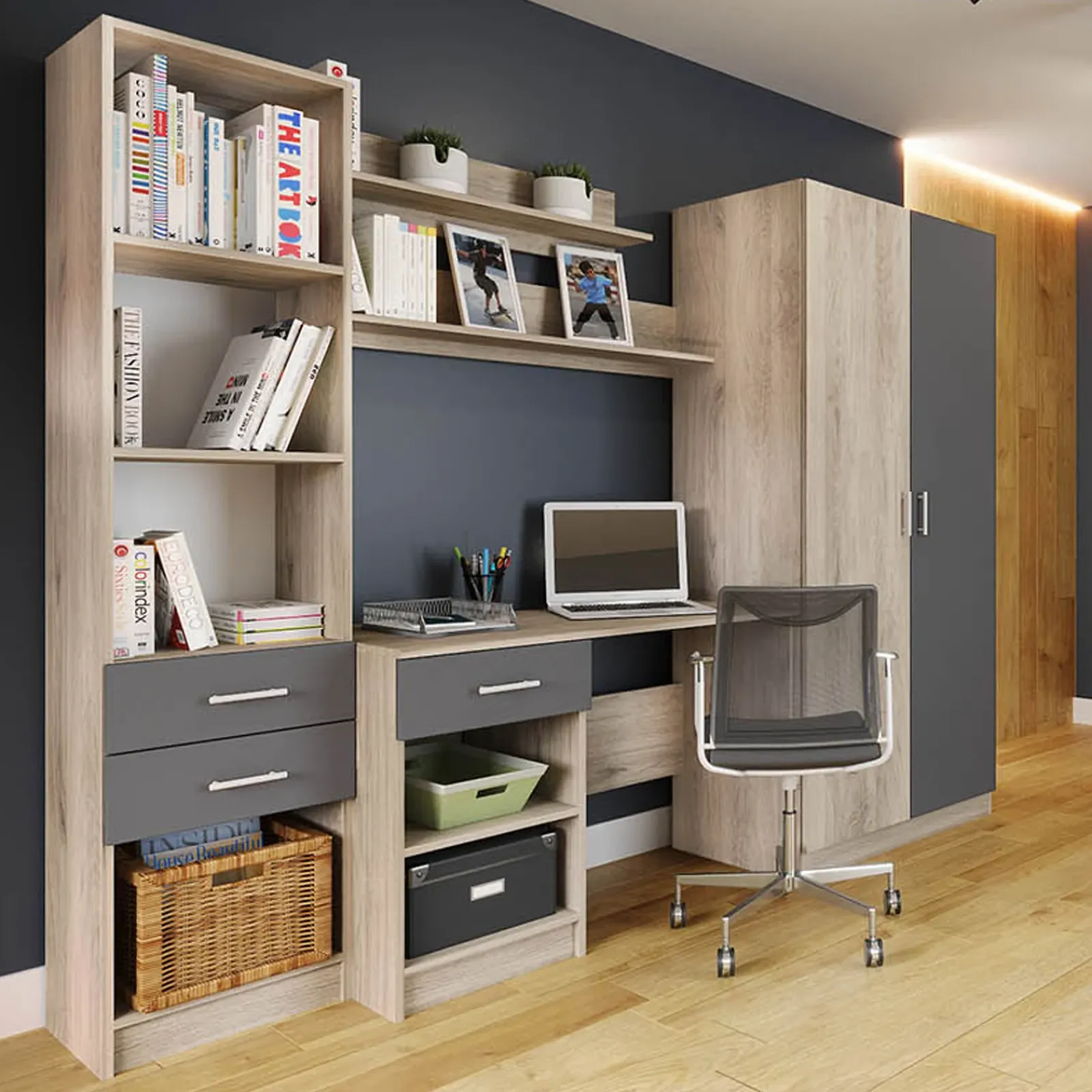 Garnero Arredamenti Camerette Colorate|Camerette In Legno-Cameretta per bambini completa 1 letto con cassettoni rovere grigio Kabala