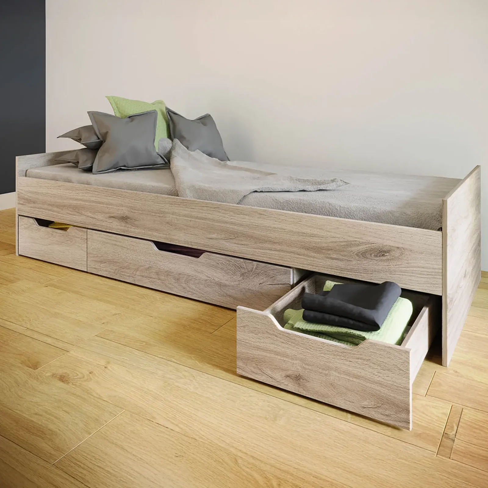 Garnero Arredamenti Camerette Colorate|Camerette In Legno-Cameretta per bambini completa 1 letto con cassettoni rovere grigio Kabala