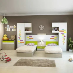 Garnero Arredamenti Camerette Colorate|Camerette A Ponte-Cameretta per bambini completa 2 letti rovere bianco verde Serena Gihome®